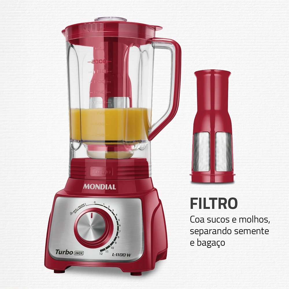 Liquidificador Mondial L-1100RI 3L, 12 Velocidades+Pulsar, 1100W, Vermelho/Inox, 110V