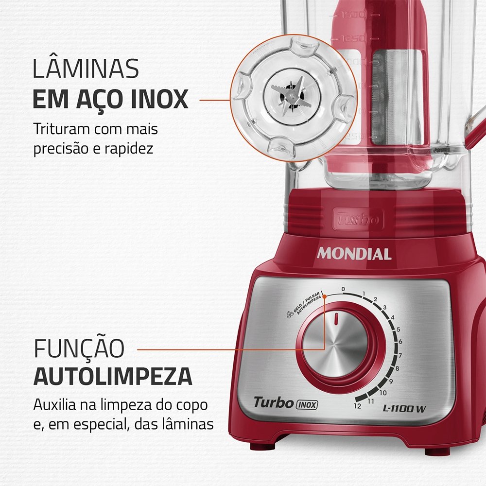 Liquidificador Mondial L-1100RI 3L, 12 Velocidades+Pulsar, 1100W, Vermelho/Inox, 110V