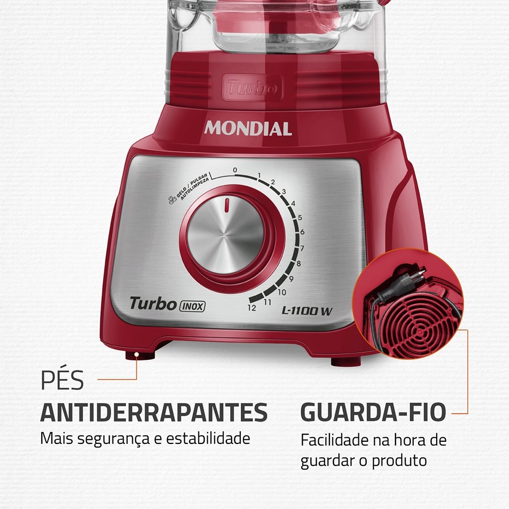 Liquidificador Mondial L-1100RI 3L, 12 Velocidades+Pulsar, 1100W, Vermelho/Inox, 110V