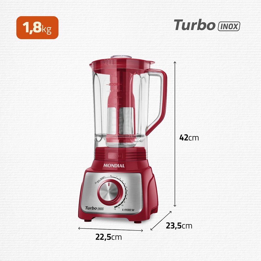 Liquidificador Mondial L-1100RI 3L, 12 Velocidades+Pulsar, 1100W, Vermelho/Inox, 110V