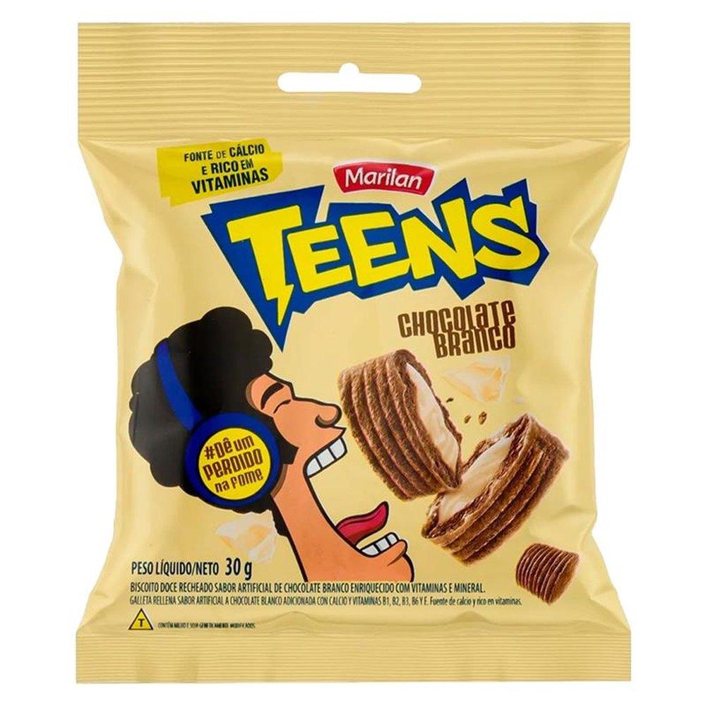 Biscoito Marilan Teens Recheado Chocolate Branco 30g - 12 Embalagens com 8 Unidades