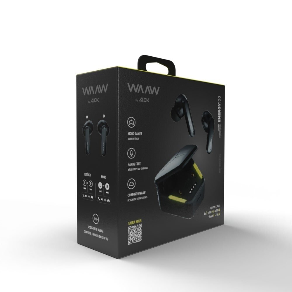 Fone de Ouvido Waaw Energy 100EBG By Alok, Preto/Verde
