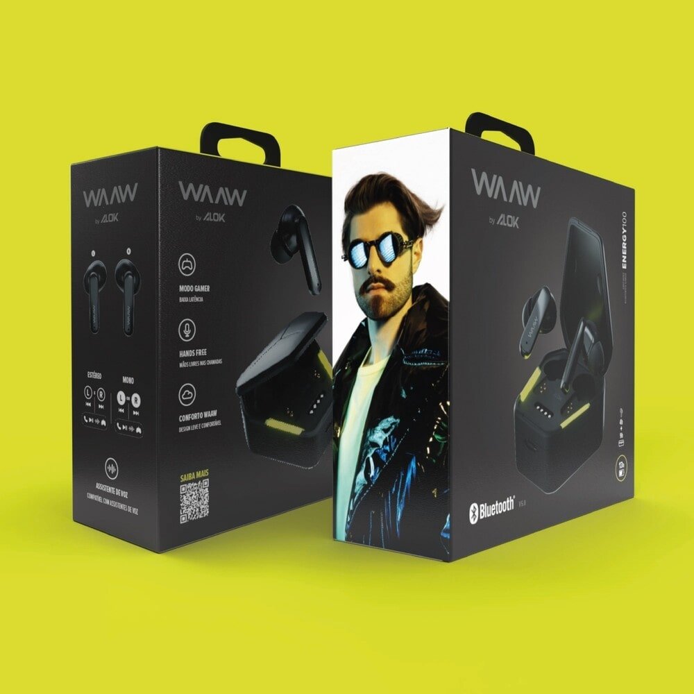 Fone de Ouvido Waaw Energy 100EBG By Alok, Preto/Verde