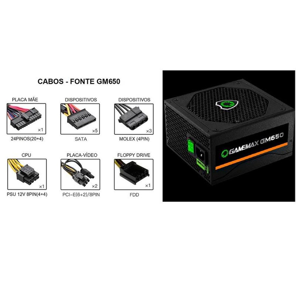 Fonte 650W Gamemax 80 Plus Bronze, PFC Ativo, Bivolt, Black - GM650