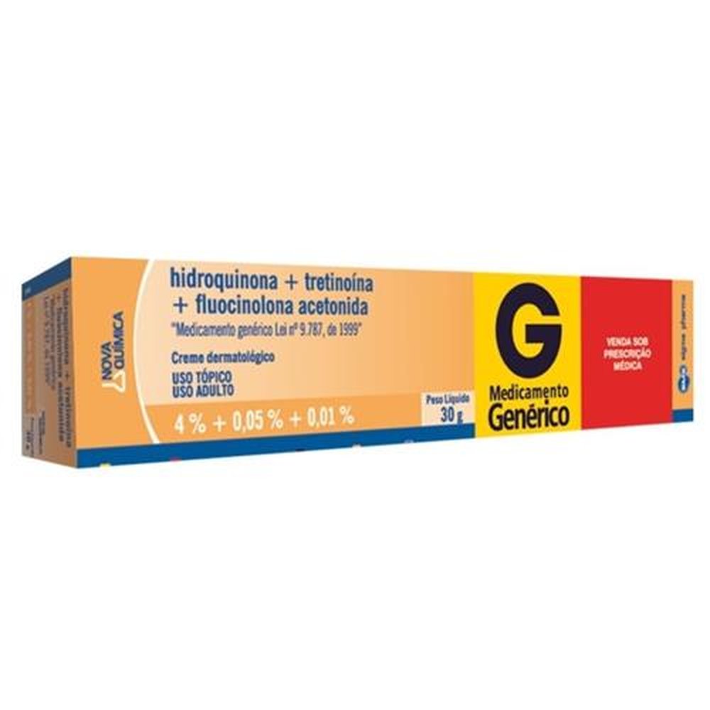 Fluocinolona Acetonida + Hidroquinona + Tretinoína 40mg/g + 0,5mg/g + 0,1mg/g, caixa com 1 bisnaga com 30g de creme de uso dermatológico