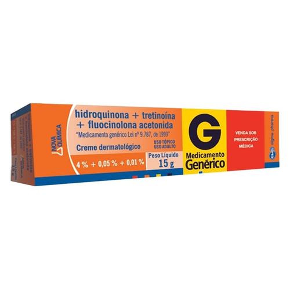 Fluocinolona Acetonida + Hidroquinona + Tretinoína 40mg/g + 0,5mg/g + 0,1mg/g, caixa com 1 bisnaga com 15g de creme de uso dermatológico