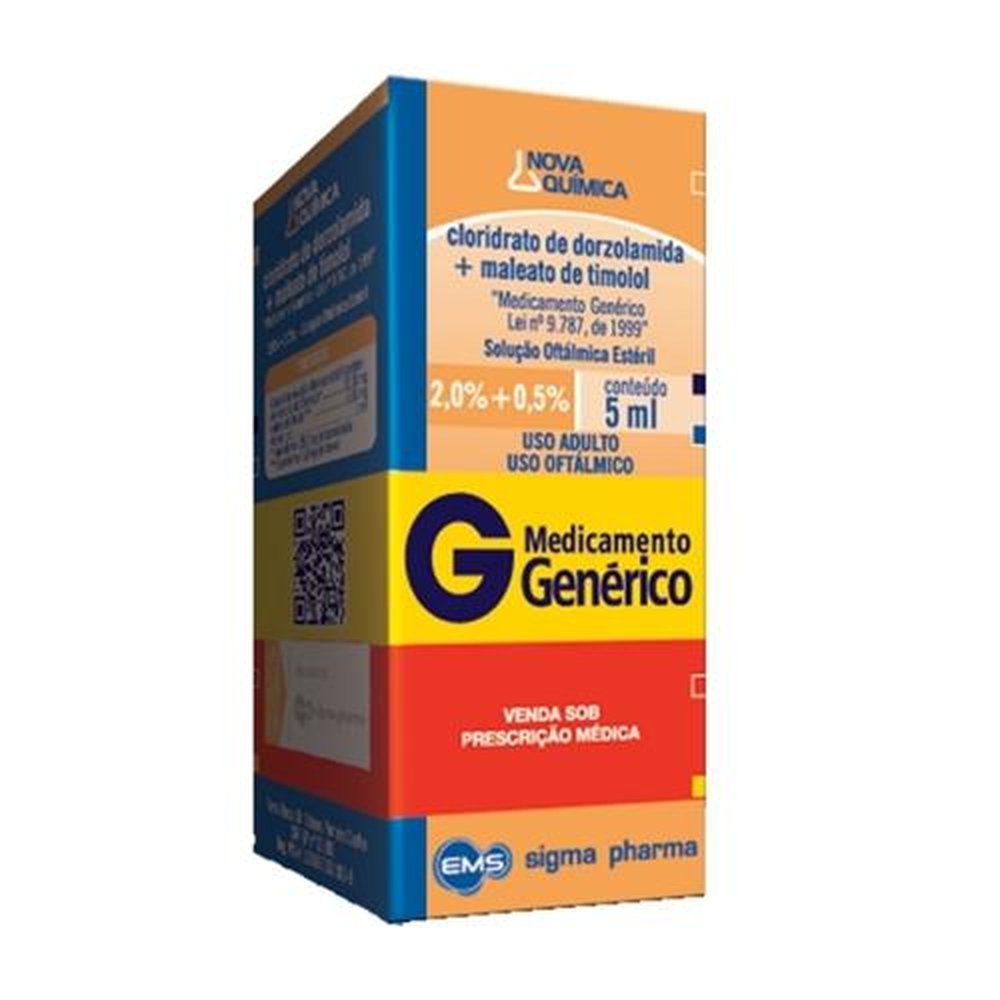 Cloridrato de Dorzolamida + Maleato de Timolol 100mg + 25mg, caixa com 1 frasco gotejador com 5mL de solução de uso oftálmico