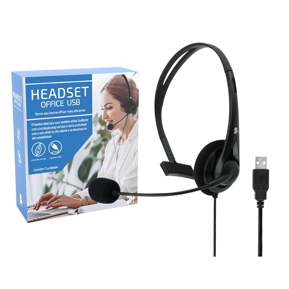 Headset USB de Escritório 5+, para Telefone e Computador, com Microfone Ajustável, 015-0101