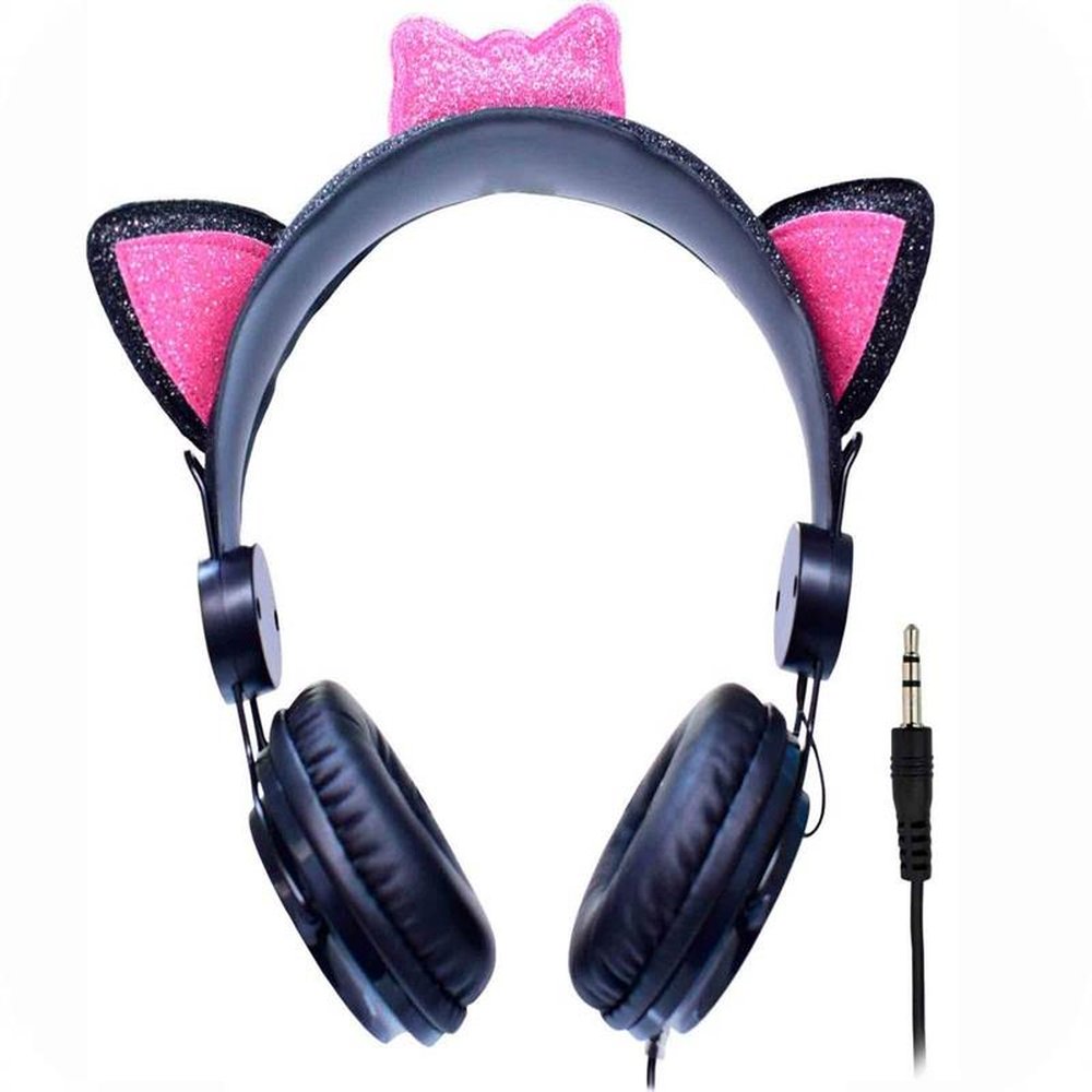 Fone de Ouvido Cat Ear sem Microfone Stereo Preto Rosa Modelo AR30 K-Mex