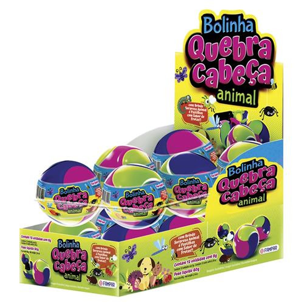 Bolinha Quebra Cabeça Animal Com Brinde Display Com 12 Unidades