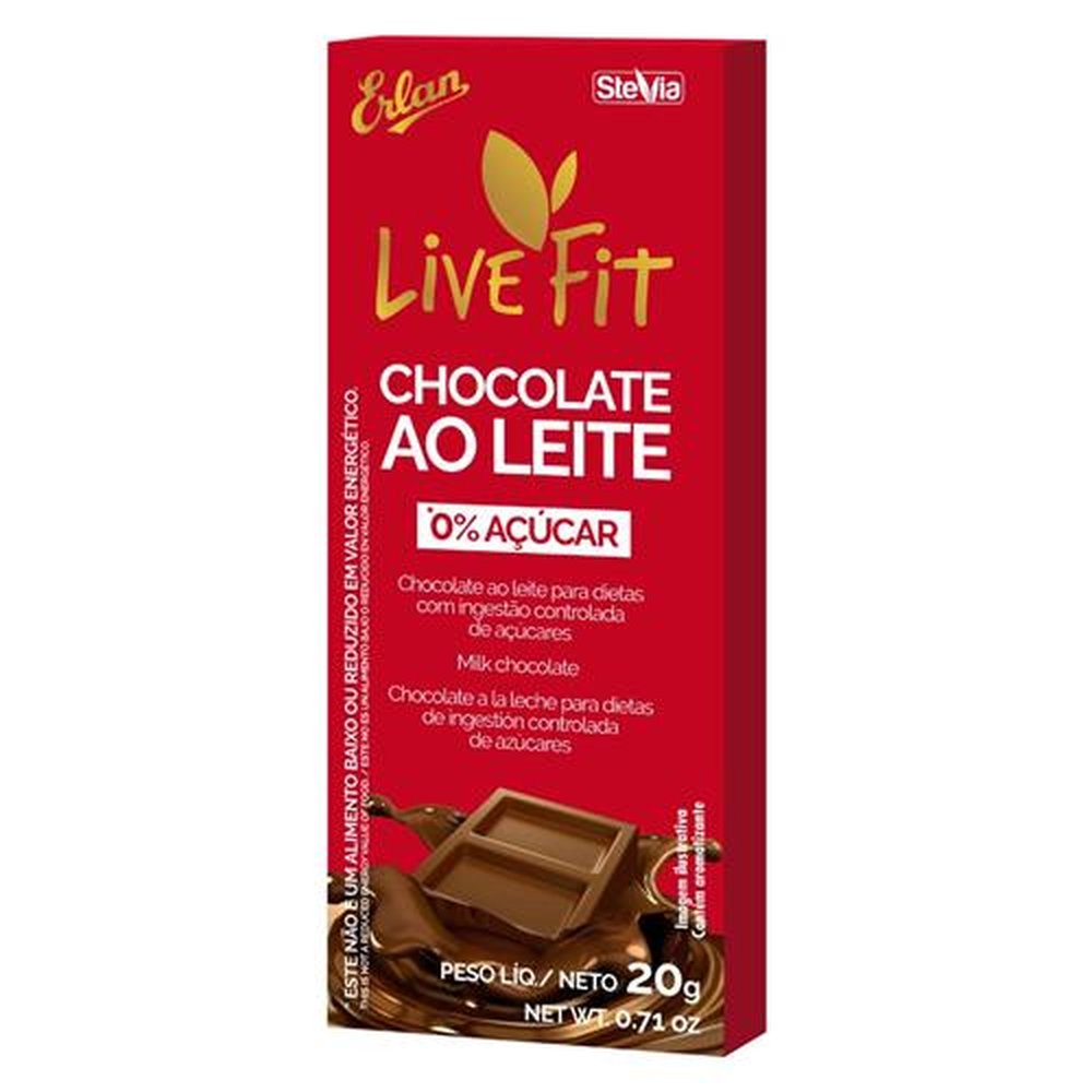 Tablete Chocolate Ao leite Zero Açúcar LiveFit Embalagem com 48 Unidades de 20g Cada
