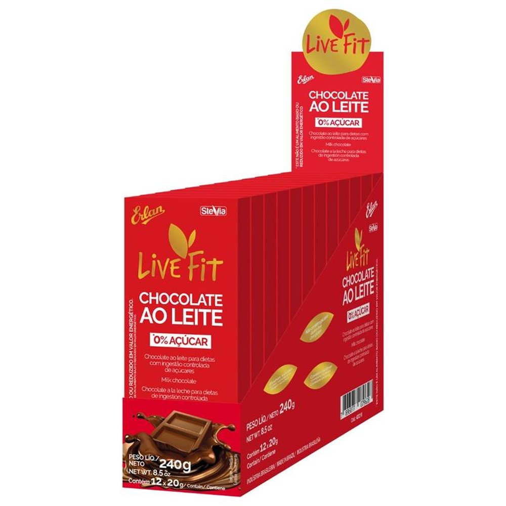 Tablete Chocolate Ao leite Zero Açúcar LiveFit Embalagem com 48 Unidades de 20g Cada