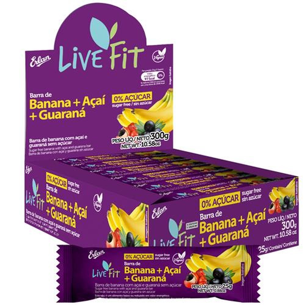 Barra Natural Livefit Banana + Acai + Guarana Embalagem com 72 Unidades de 25g Cada
