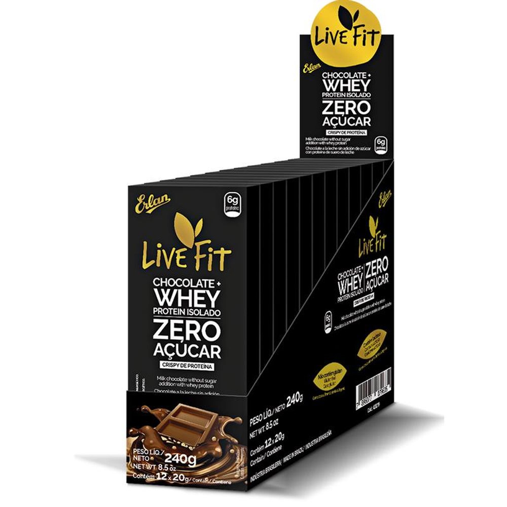 Tablete Chocolate Zero Açúcar com Whey LiveFit Embalagem com 48 Unidades de 20g Cada