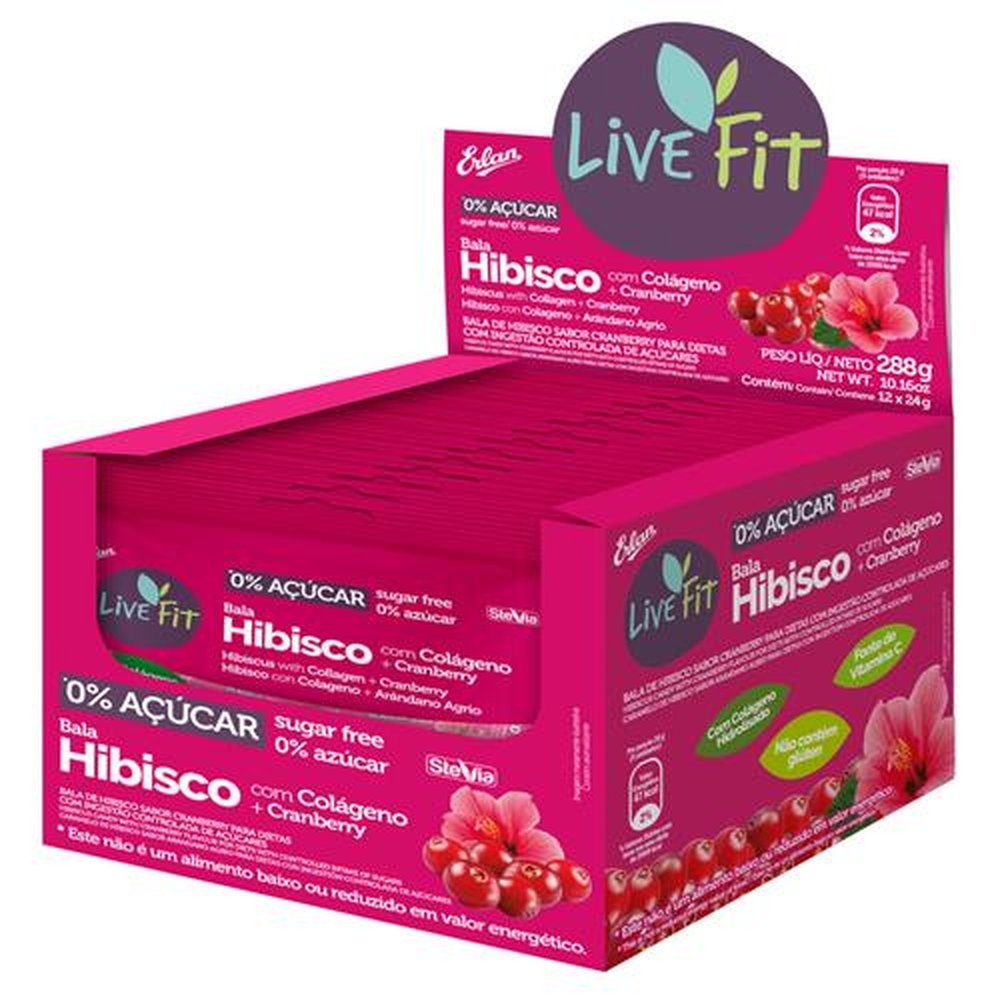 Bala LiveFit Zero Açúcar Hibisco + Cranberry - Caixa com 4 Displays com 12 Pacotes de 24g