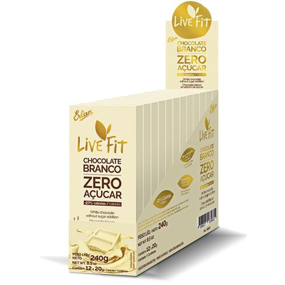 Tablete Chocolate Branco Zero Açúcar LiveFit Embalagem com 48 Unidades de 20g Cada
