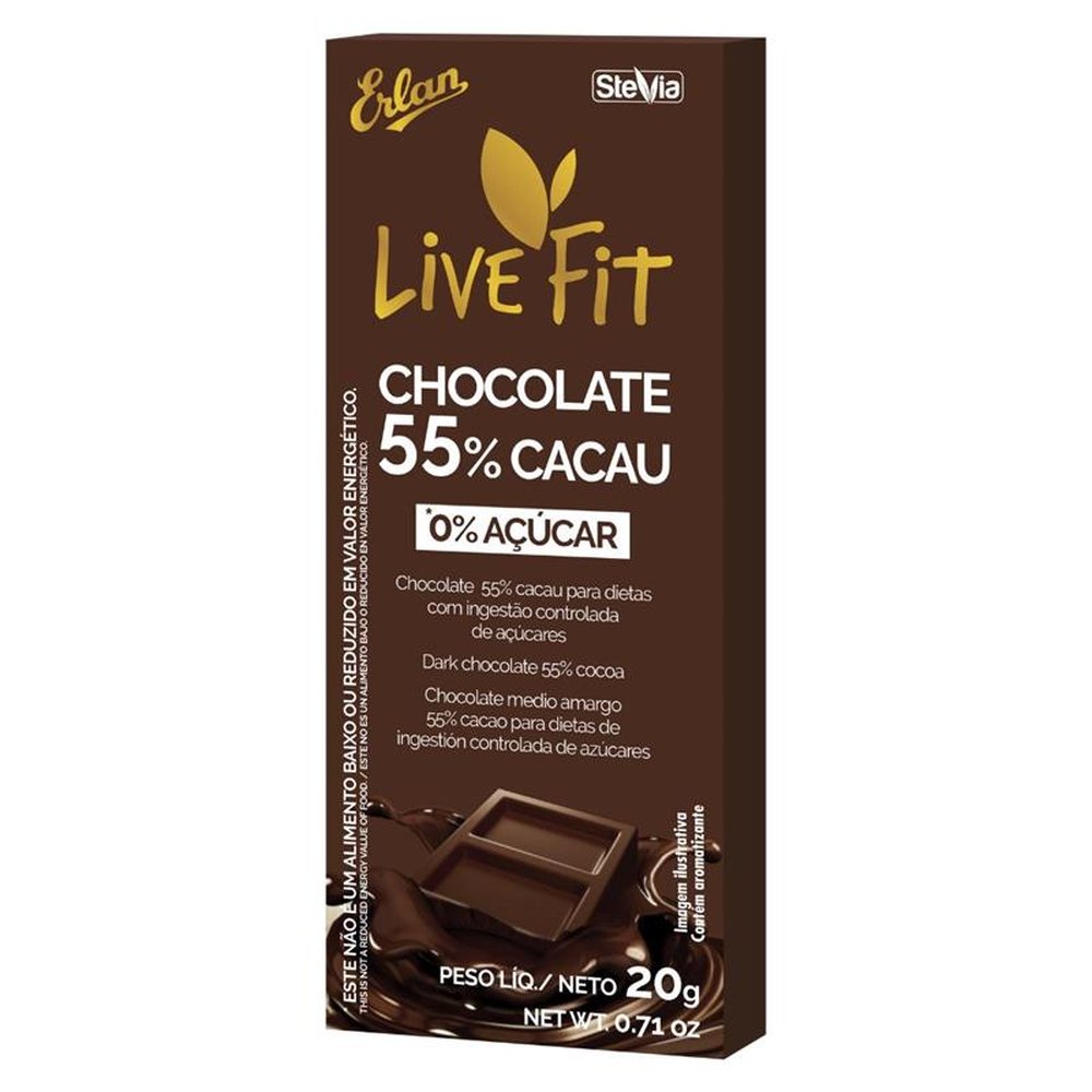Tablete Chocolate 55% Cacau Zero Açúcar LiveFit Embalagem com 48 Unidades de 20g Cada
