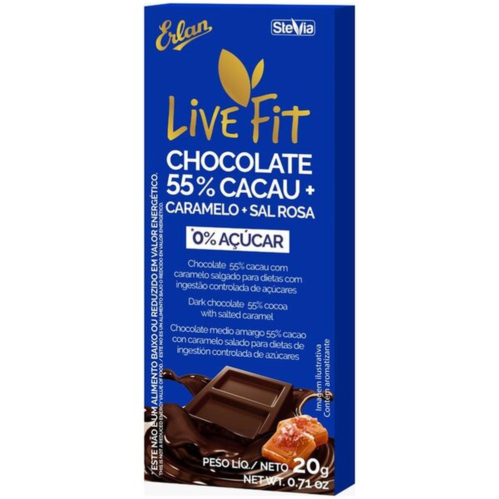 Tablete Chocolate 55% Caramelo Zero Caixa com 4 display com 12 unidades de 20 gramas.