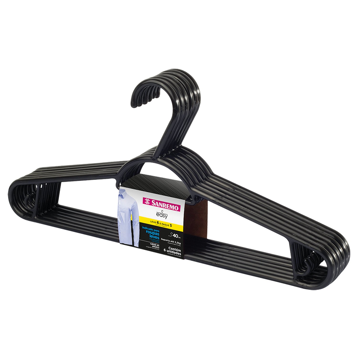 Cabide Adulto Plastico Leve 6 Pague 5 Preto
