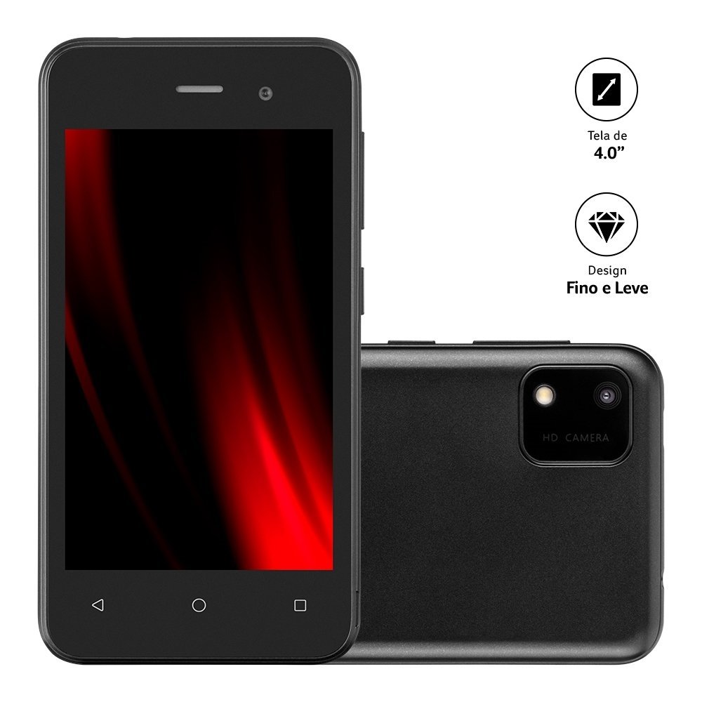 Smartphone Multilaser E Lite 2 Preto, Tela de 4" - 3G+Wi-Fi, Android 10, Câm. Tras. de 2MP e Frontal de 2MP, 1GB RAM, 32GB