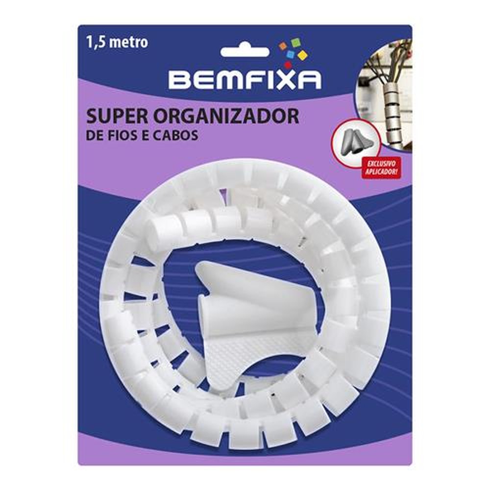 Super Organizador Fios E Cabos 16Mm Branco Bemfixa - Cartela Com 01 Unidade
