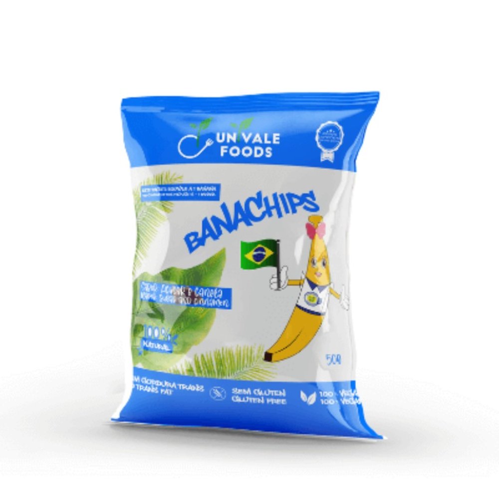 Chips de Banana - Banachips Açucar e Canela 50g, Caixa com 100 Unidades - UnivaleFoods