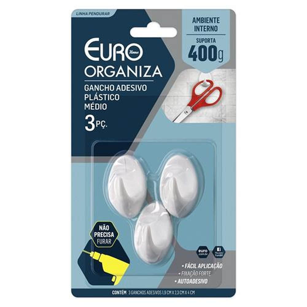 Gancho Adesivo Plastico Medio 3 Pecas