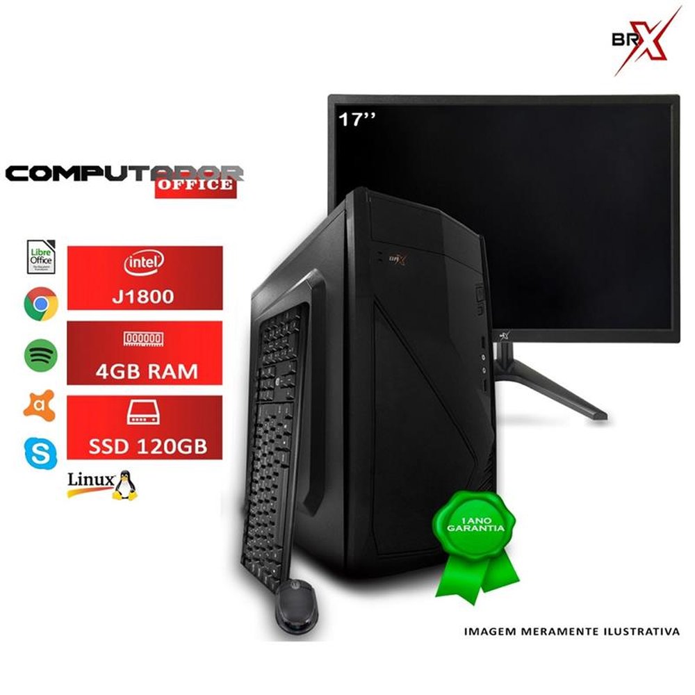 Computador Desktop + Monitor LCD 17¿ Intel Dual Core 4GB 120GB SSD Linux + Teclado e Mouse - BRX