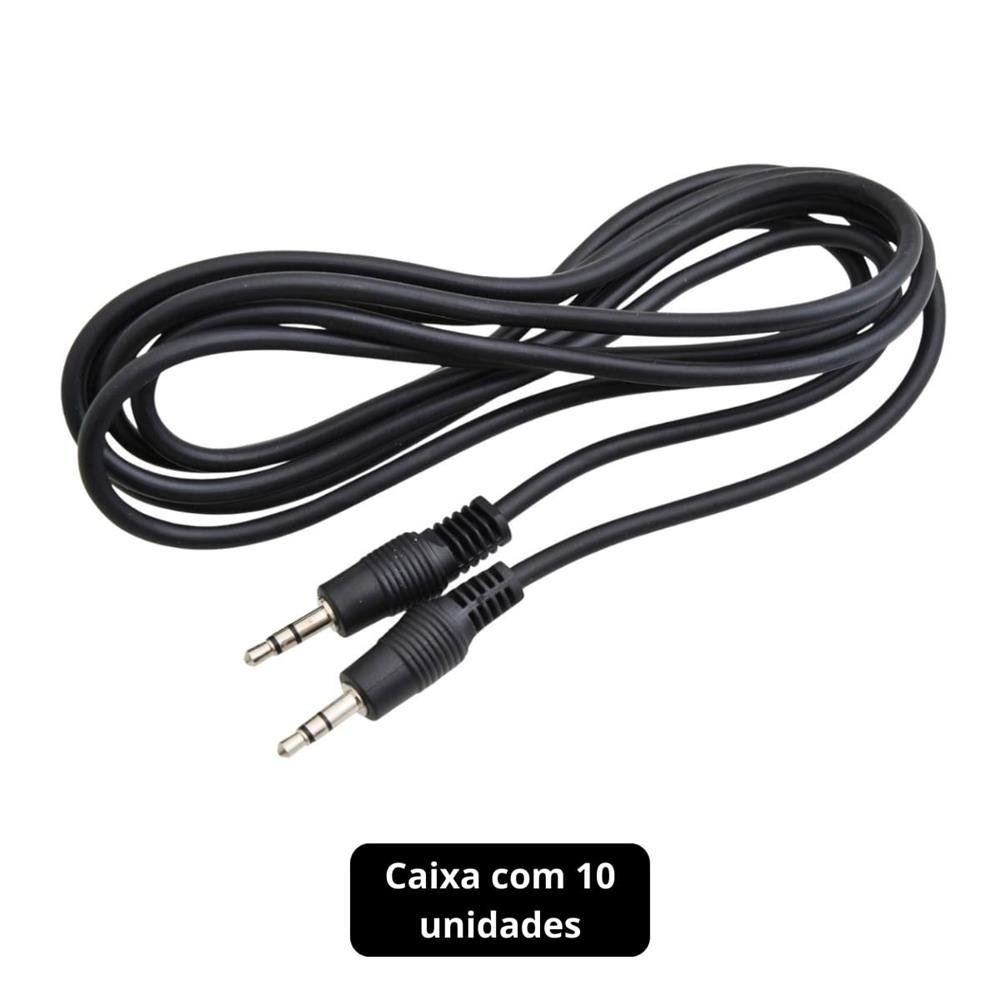 Cabo P2 estéreo + P2 estéreo Niquelado 1,8m Preto Genérico - Pacote com 10 Unidades