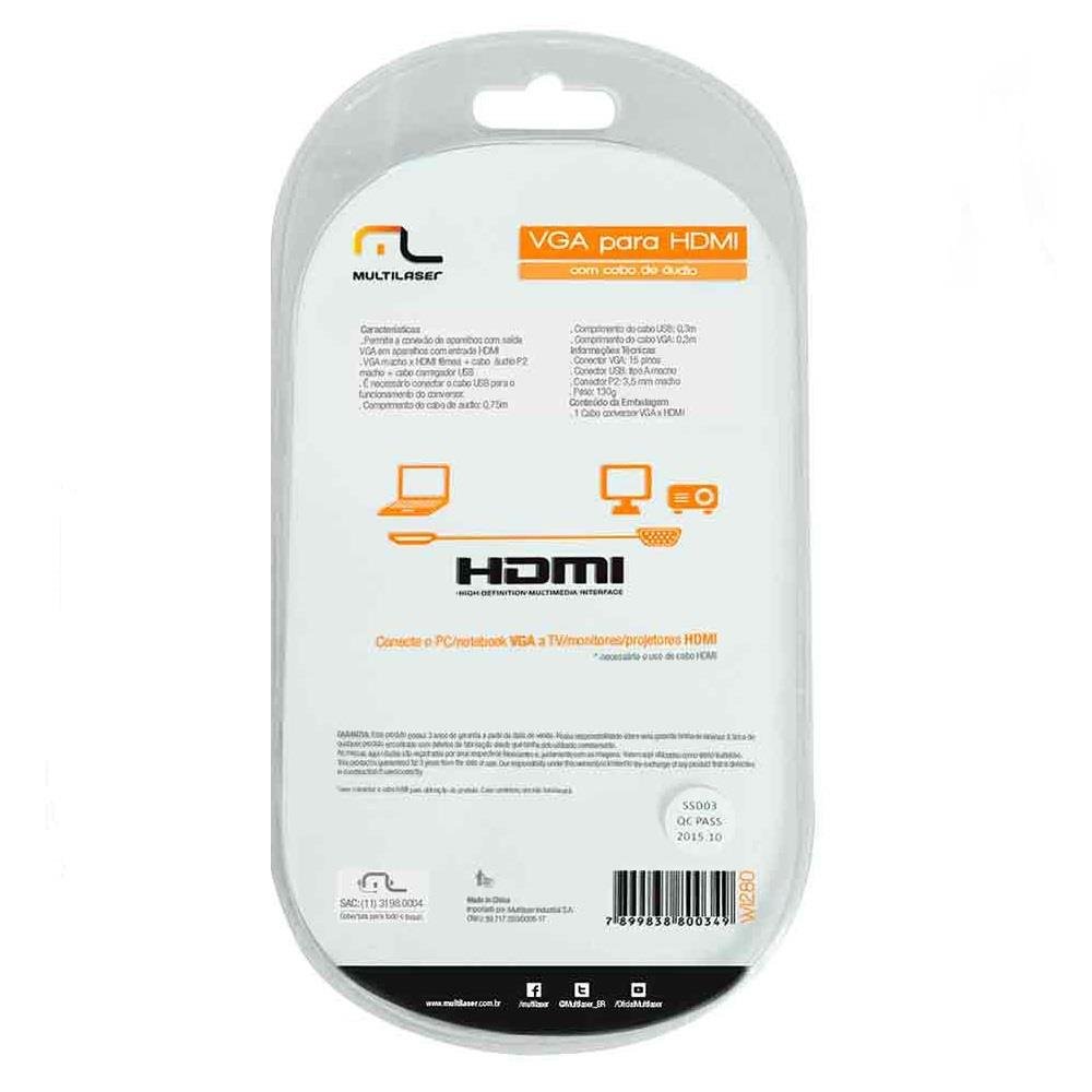 Conversor Vga M X Hdmi F C/ Áudio Multilaser - WI280