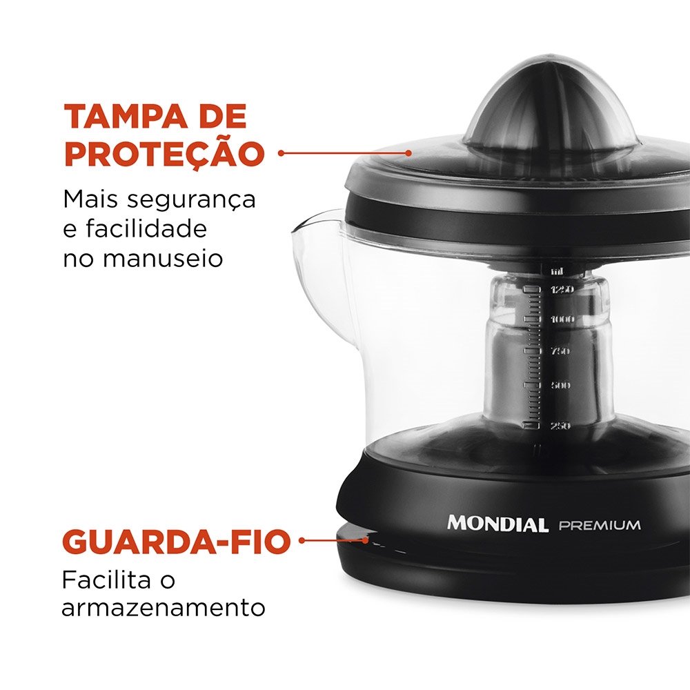 Espremedor de Frutas Mondial E02 Premium - 30W, 1,25 Litros, Preto, 220V