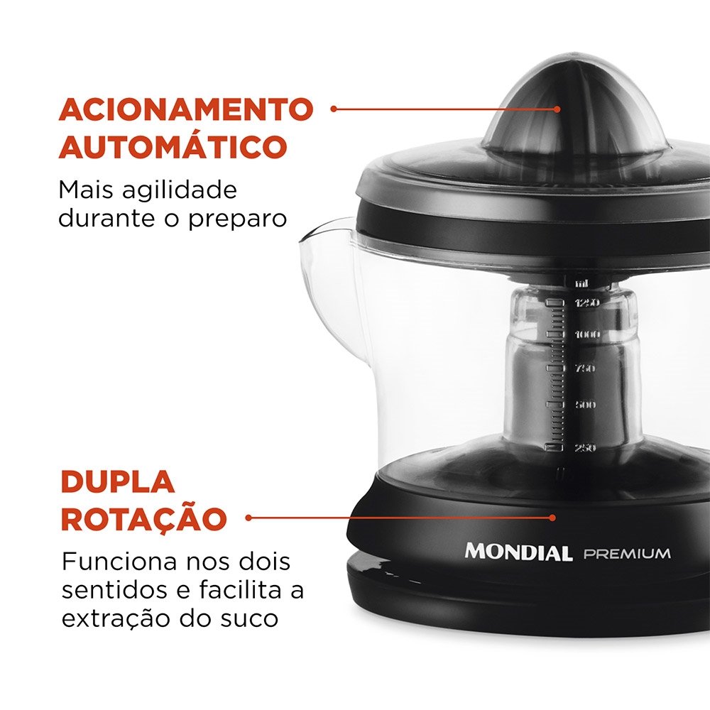 Espremedor de Frutas Mondial E02 Premium - 30W, 1,25 Litros, Preto, 220V