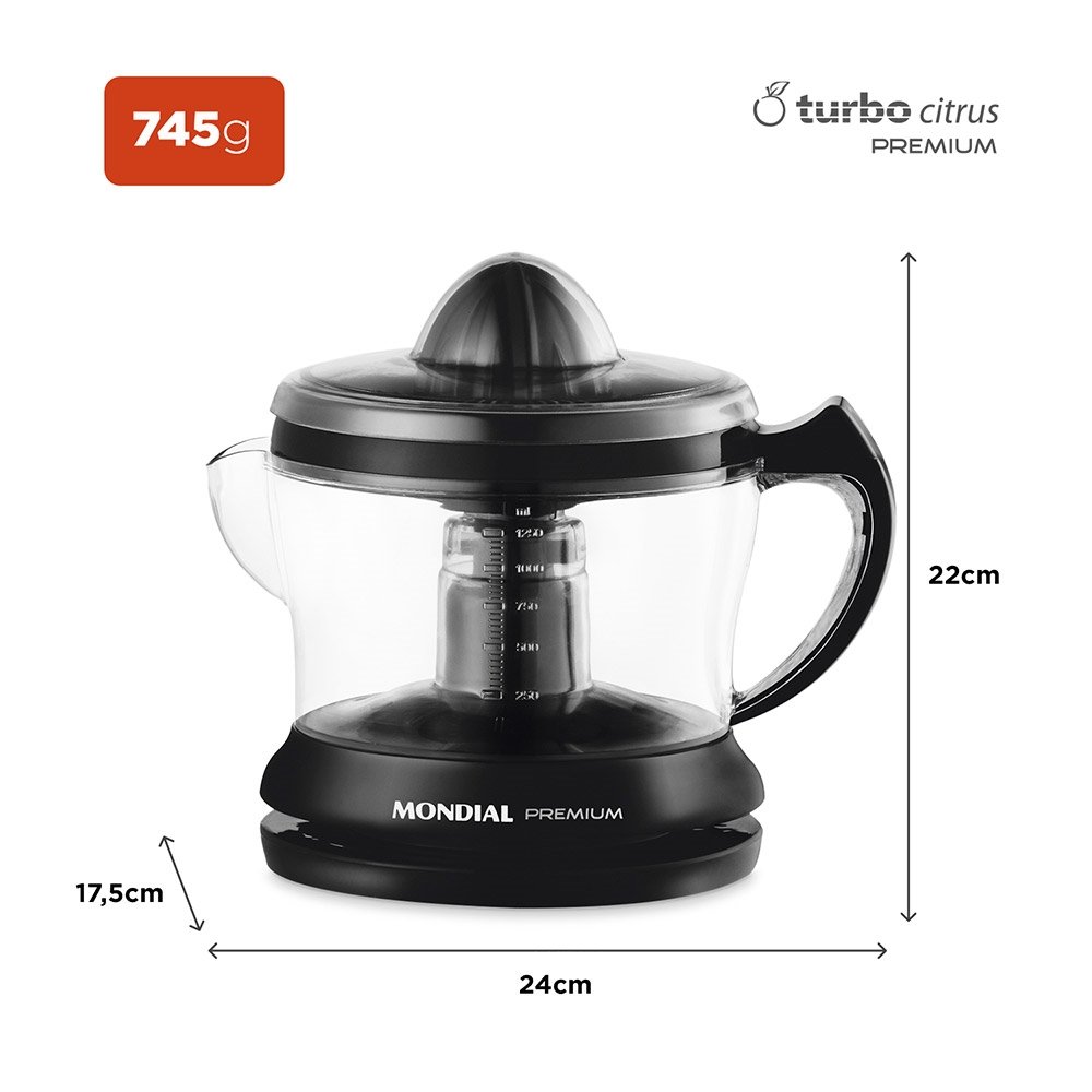 Espremedor de Frutas Mondial E02 Premium - 30W, 1,25 Litros, Preto, 220V
