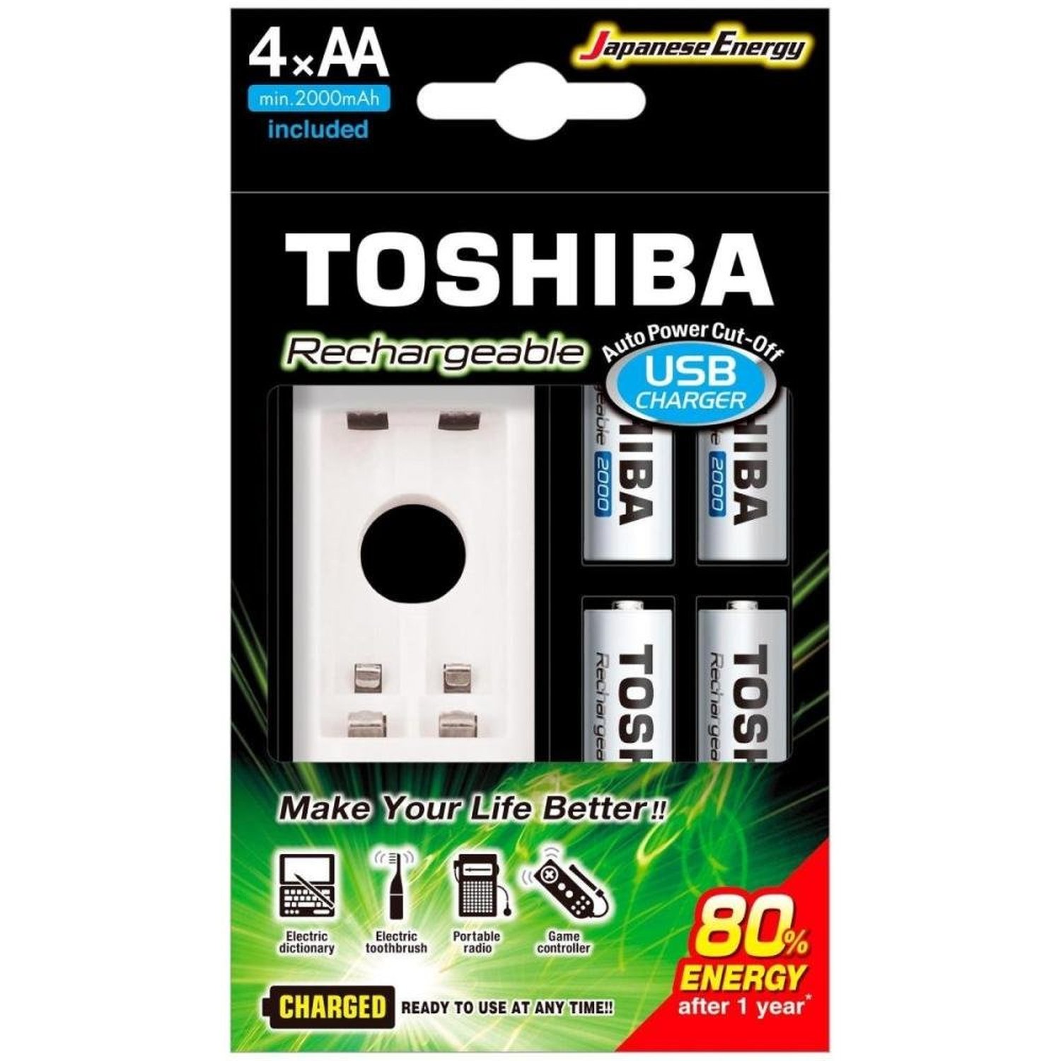 Carregador de Pilha USB TNHC-6GME4 CB Toshiba - Com 4 pilhas AA 2000 MAh