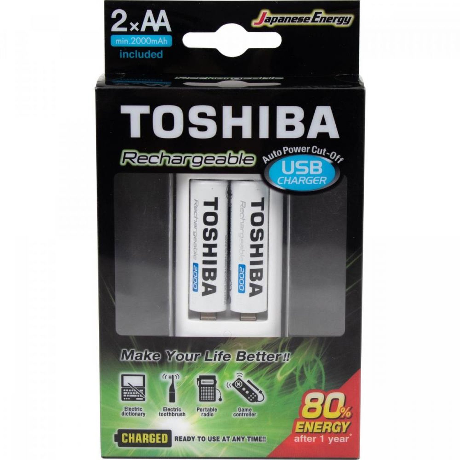 Carregador de Pilha USB TNHC-6GME2 CB Toshiba - Com 2 pilhas AA 2000 MAh