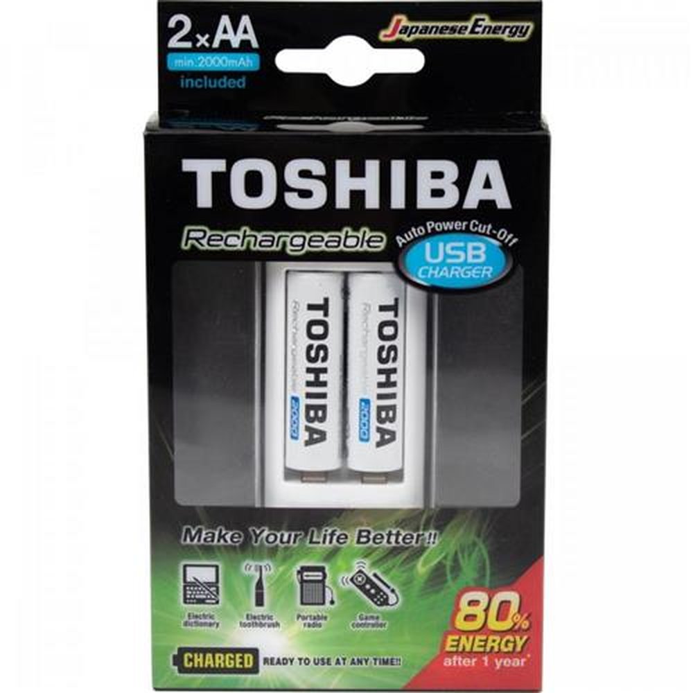 Carregador de Pilha USB TNHC-6GME2 CB Toshiba - Com 2 pilhas AA 2000 MAh