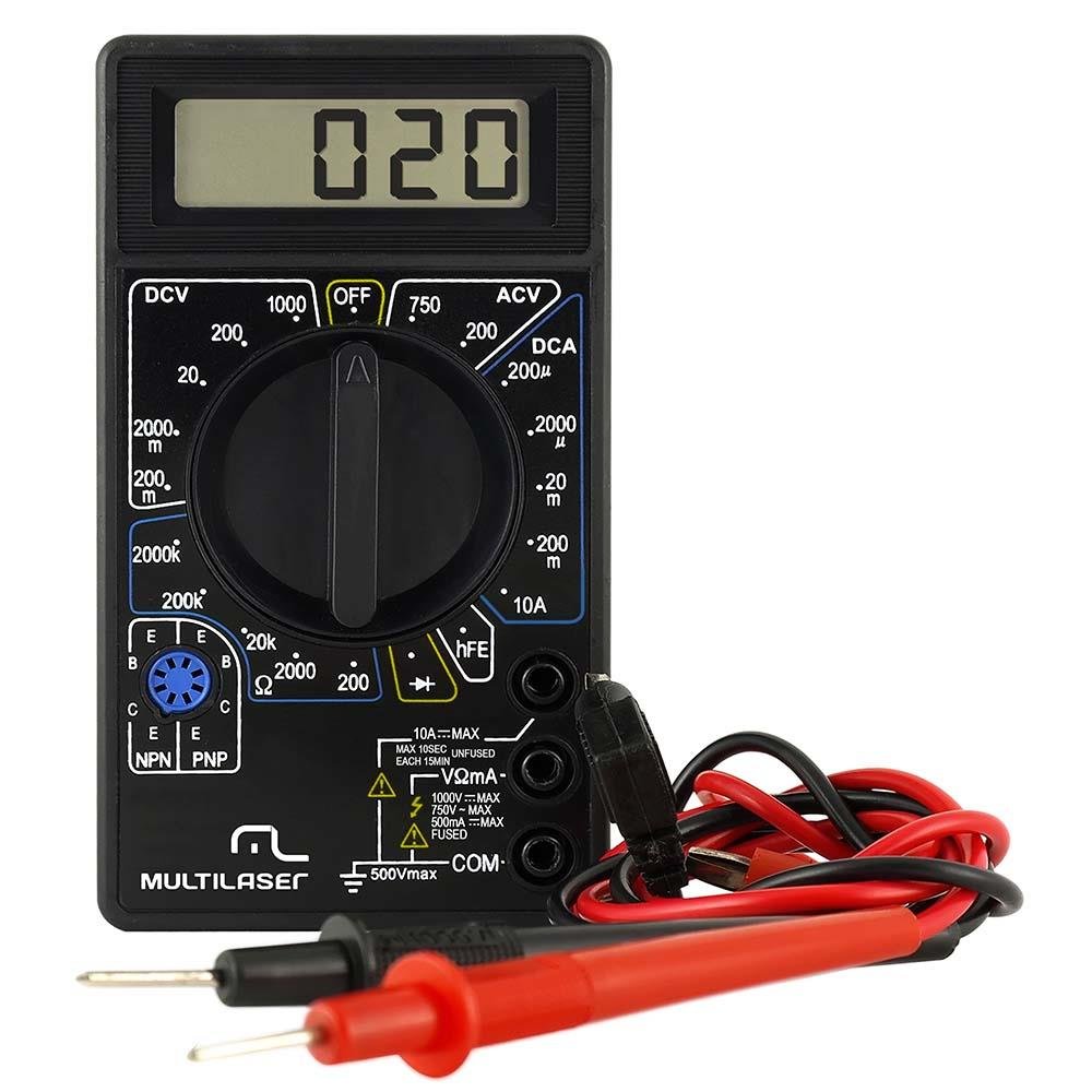 Multimetro Digital Corrente Ac + Dc Tensão 200m~1000v Bateria 9v Preto Multilaser - AU325