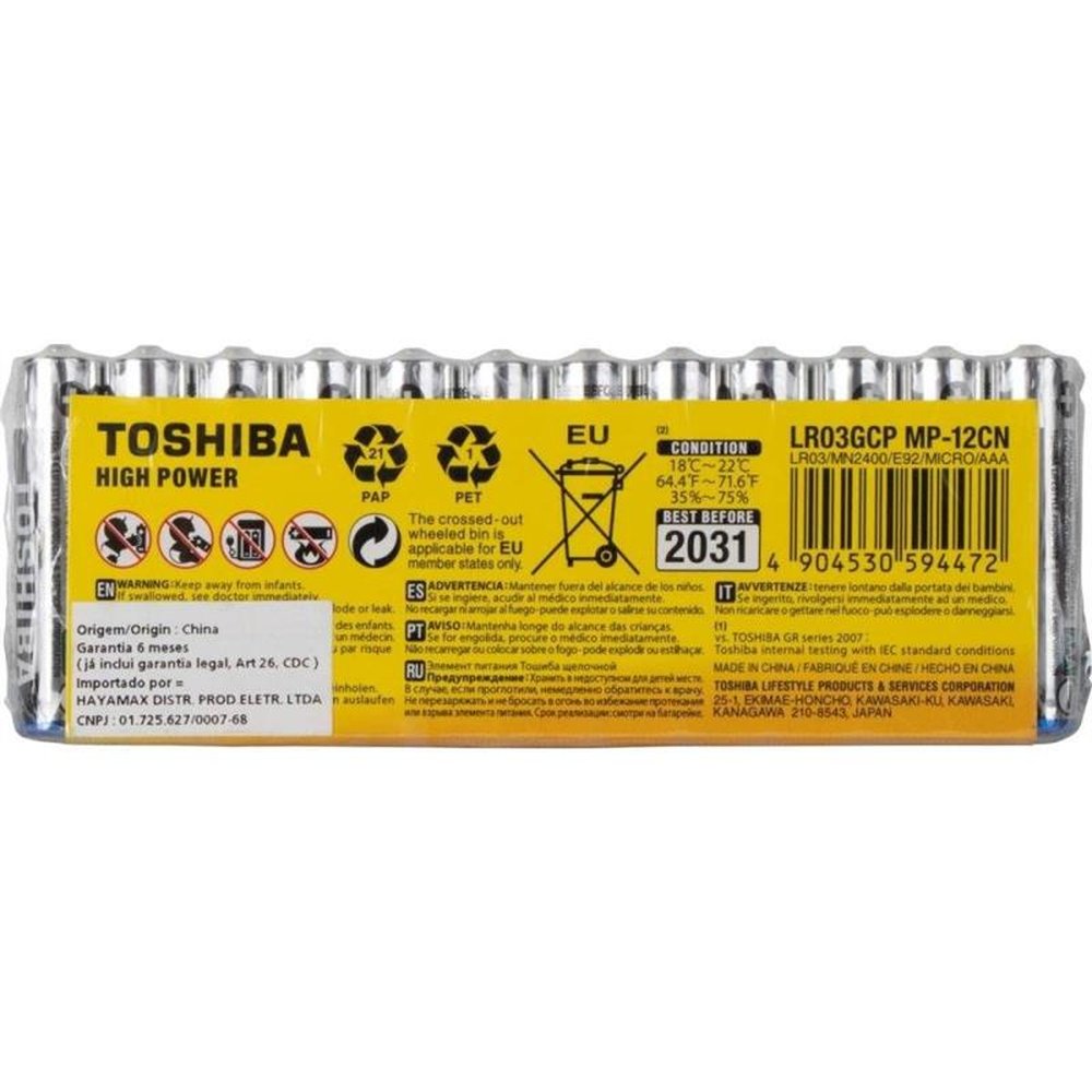 Pilha Alcalina AAA 1,5V LR03GCP Toshiba - Cartela com 12 pilhas