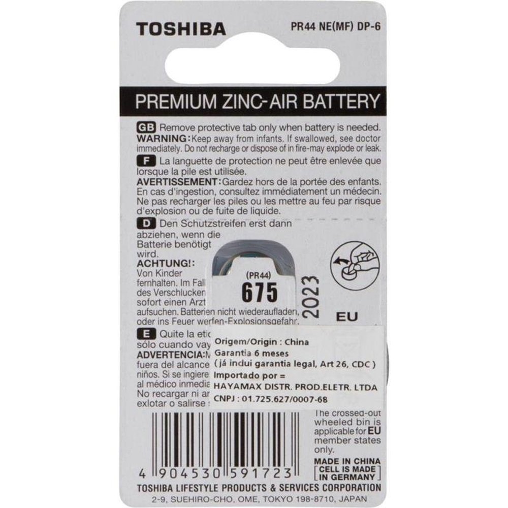 Pilha Auditiva PR44 675 Toshiba - Cartela com 6 pilhas