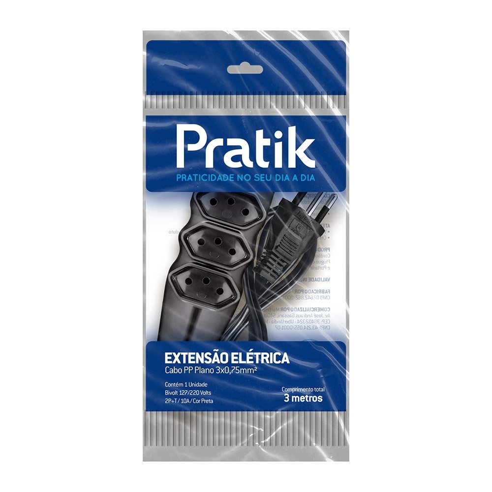 Extensão Pratik Cabo PP 2P+T 3X0,75mm 3 Tomadas 3m Preto