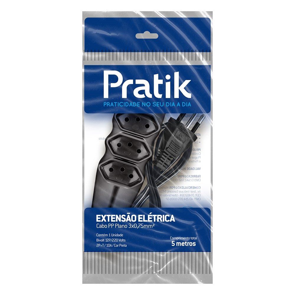 Extensão Pratik Cabo PP 2P+T 3X0,75mm 3 Tomadas 5m Preto