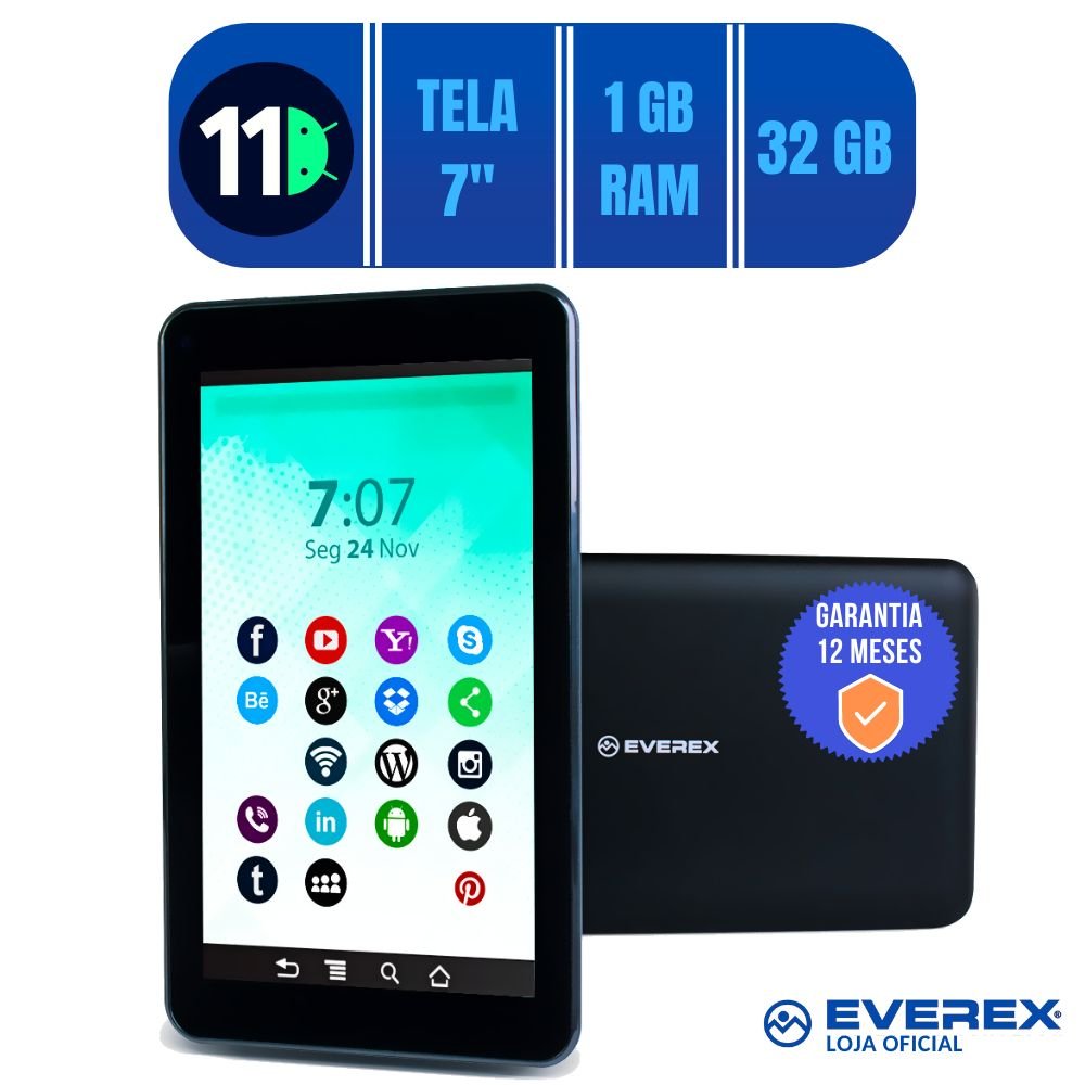 Tablet Quad Core, Tela 7", 1GB RAM, 32GB, WI-FI, Bluetooth, Android 11 Go - Preto
