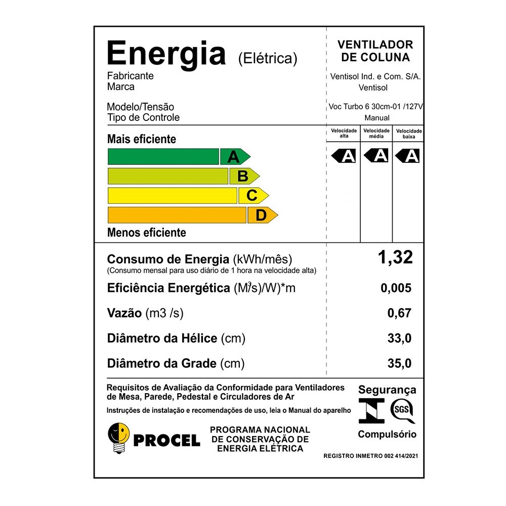 Ventilador de Coluna Ventisol 30cm Turbo 6, 3 Velocidades, 6 Pás, Preto, 110V