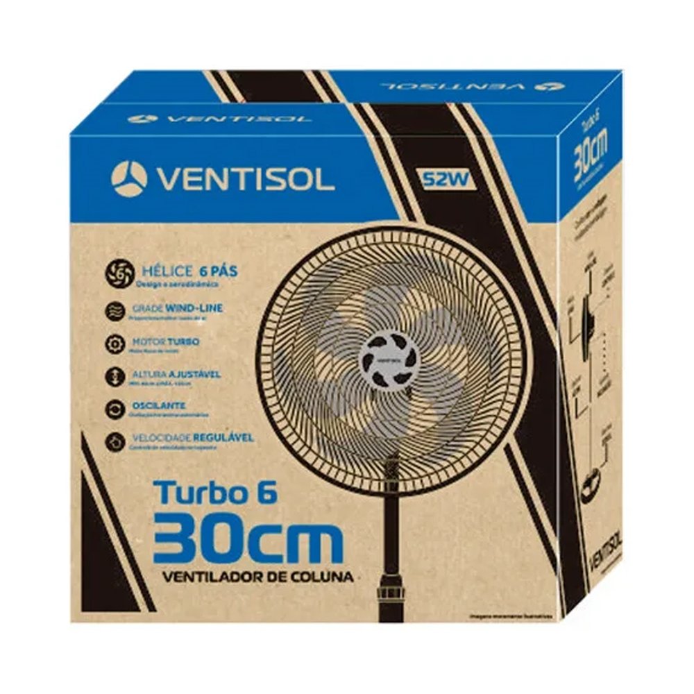 Ventilador de Coluna Ventisol 30cm Turbo 6, 3 Velocidades, 6 Pás, Preto, 110V