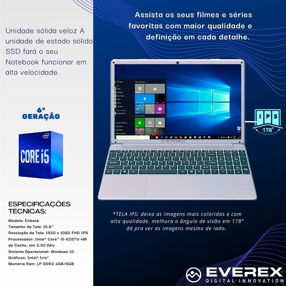 Notebook Everex Intel Core i5, 4GB DDR3, Tela 15.6¿, 240GB SSD e Windows 10