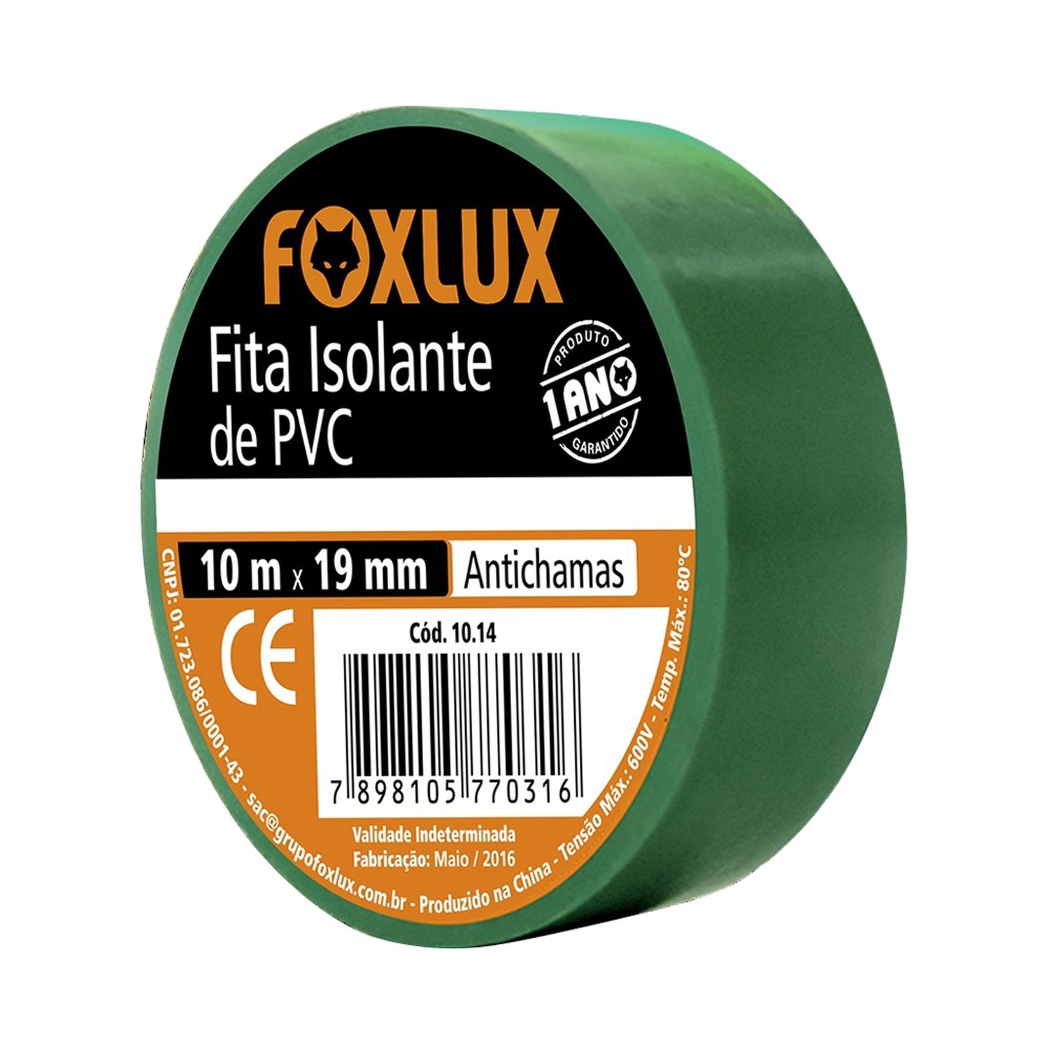 Fita Isolante Foxlux 19mmX10m Verde - Embalagem com 10 Unidades