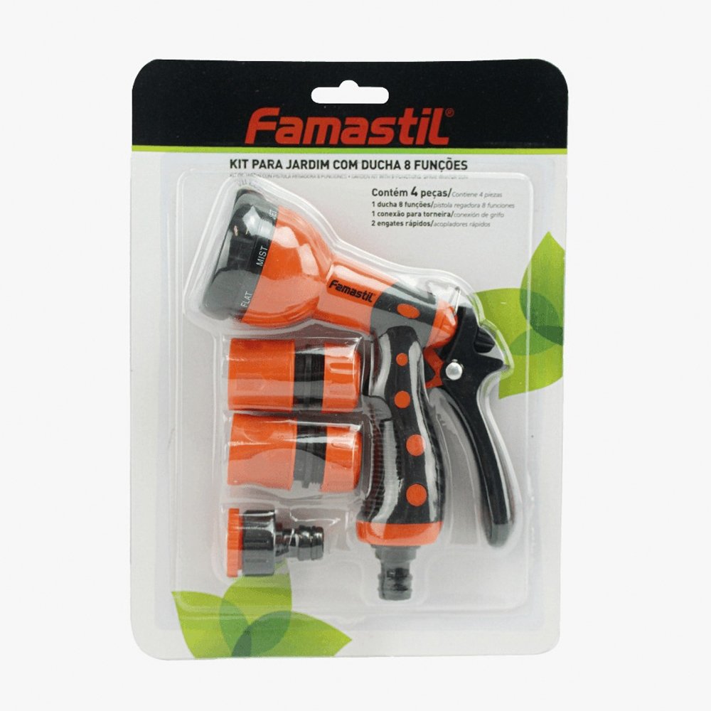 Kit Jardim Famastil Esguicho 8 Funções + Engate Rápido + Conexão Blister