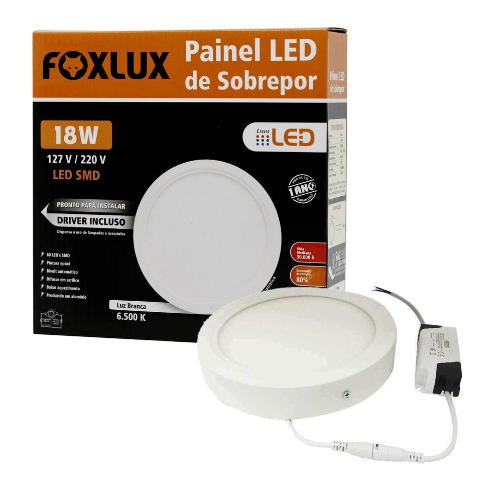 Plafon Painel Foxlux Led 22,5cm Redondo Sobrepor 18W 6,5K