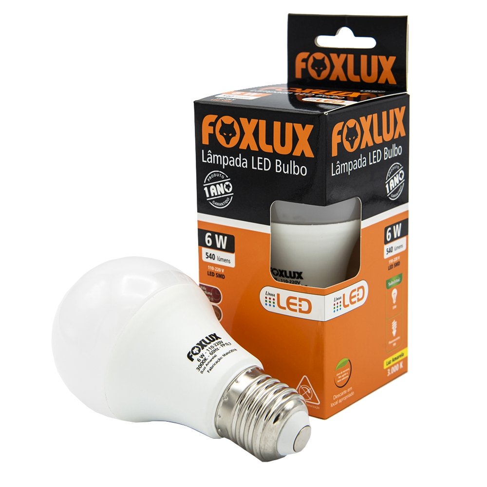 lampada led bulbo certificada a60 6w 3000k bivolt foxlux