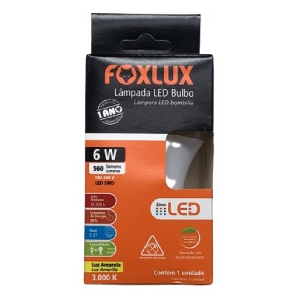 LAMPADA LED FOXLUX BULBO 6W 3,0K BIVOLT